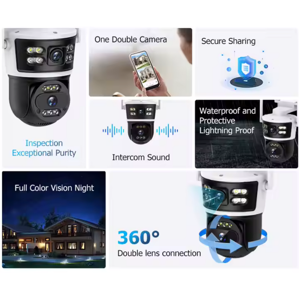 Camera de Supraveghere Dubla IP 4K Ultra HD 5MP, Zoom optic 10X, 360°, Rezistenta la apa