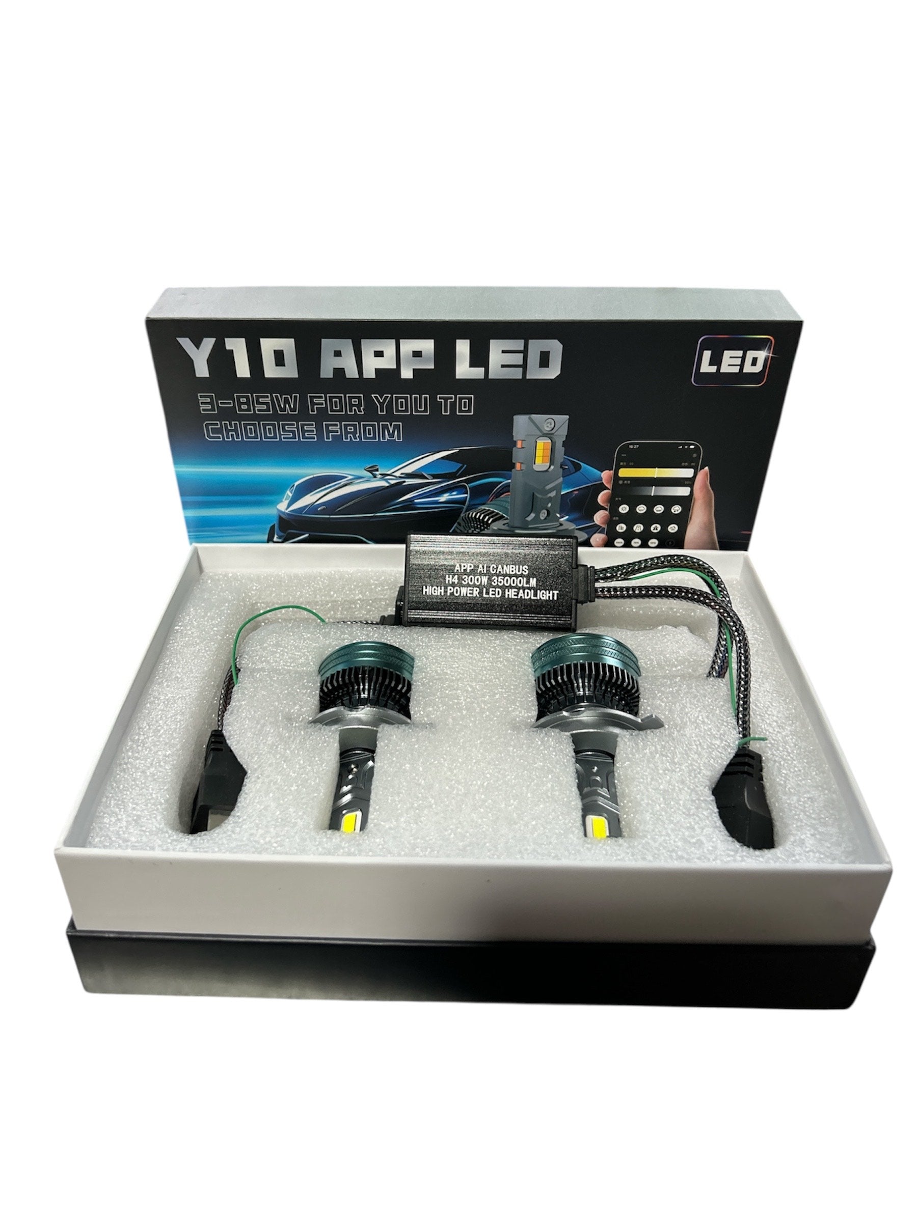Set becuri LED auto H4, 300W, 35.000 lumeni, galben/alb, control prin aplicație