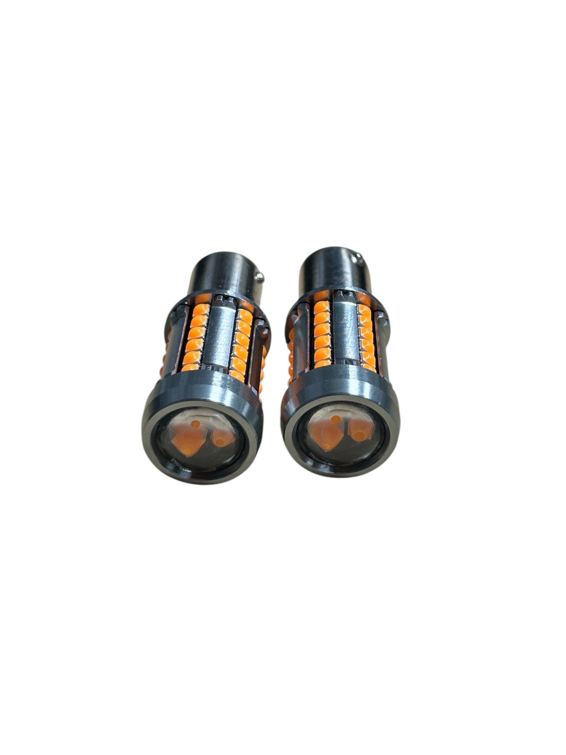 Set Becuri LED Semnalizare 1156 P21W cu Lupa, 39 LED SMD 3030, Canbus Fara Eroare, Lumina Portocalie Intensa – Plug & Play