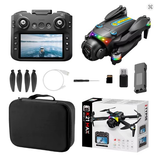 Dronă K21 MAX cu Cameră HD – Telecomandă Ecran 4.3", Motor Brushless, Optical Flow, Evitare Obstacole, 360° Flip, 15 min Autonomie, 200m Rază