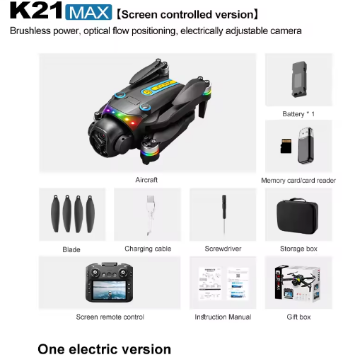 Dronă K21 MAX cu Cameră HD – Telecomandă Ecran 4.3", Motor Brushless, Optical Flow, Evitare Obstacole, 360° Flip, 15 min Autonomie, 200m Rază