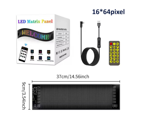 Ecran LED Flexibil RGB 37x9 cm – Control Aplicație iPixel, IP66, 1024 LED-uri, Mesaje & Animații Personalizate