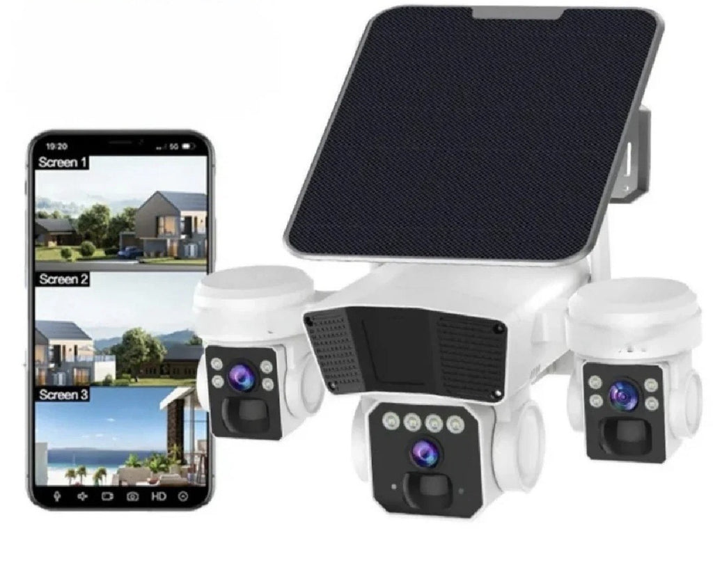 Camera de Supraveghere Solara 4G LTE cu 3 Lentile, 9MP, Acumulator Dublu, Detectie Miscare 360°, Viziune Nocturna Color, IP66