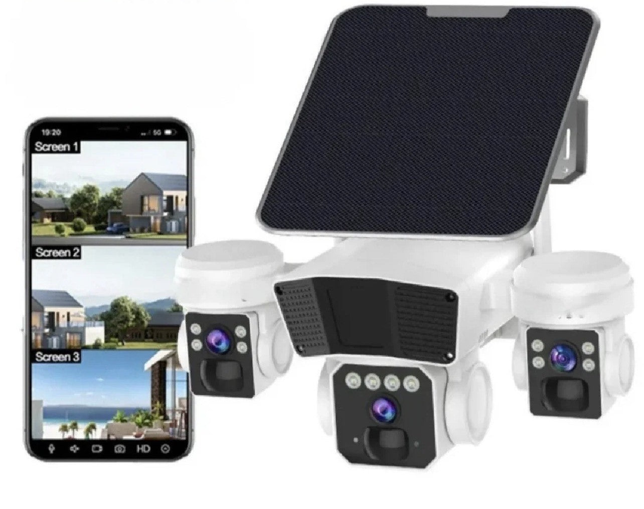 Camera de Supraveghere Solara 4G LTE cu 3 Lentile, 9MP, Acumulator Dublu, Detectie Miscare 360°, Viziune Nocturna Color, IP66