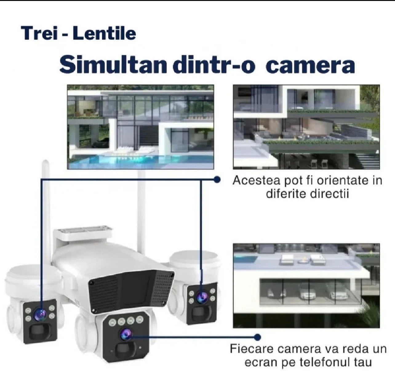 Camera de Supraveghere Solara 4G LTE cu 3 Lentile, 9MP, Acumulator Dublu, Detectie Miscare 360°, Viziune Nocturna Color, IP66