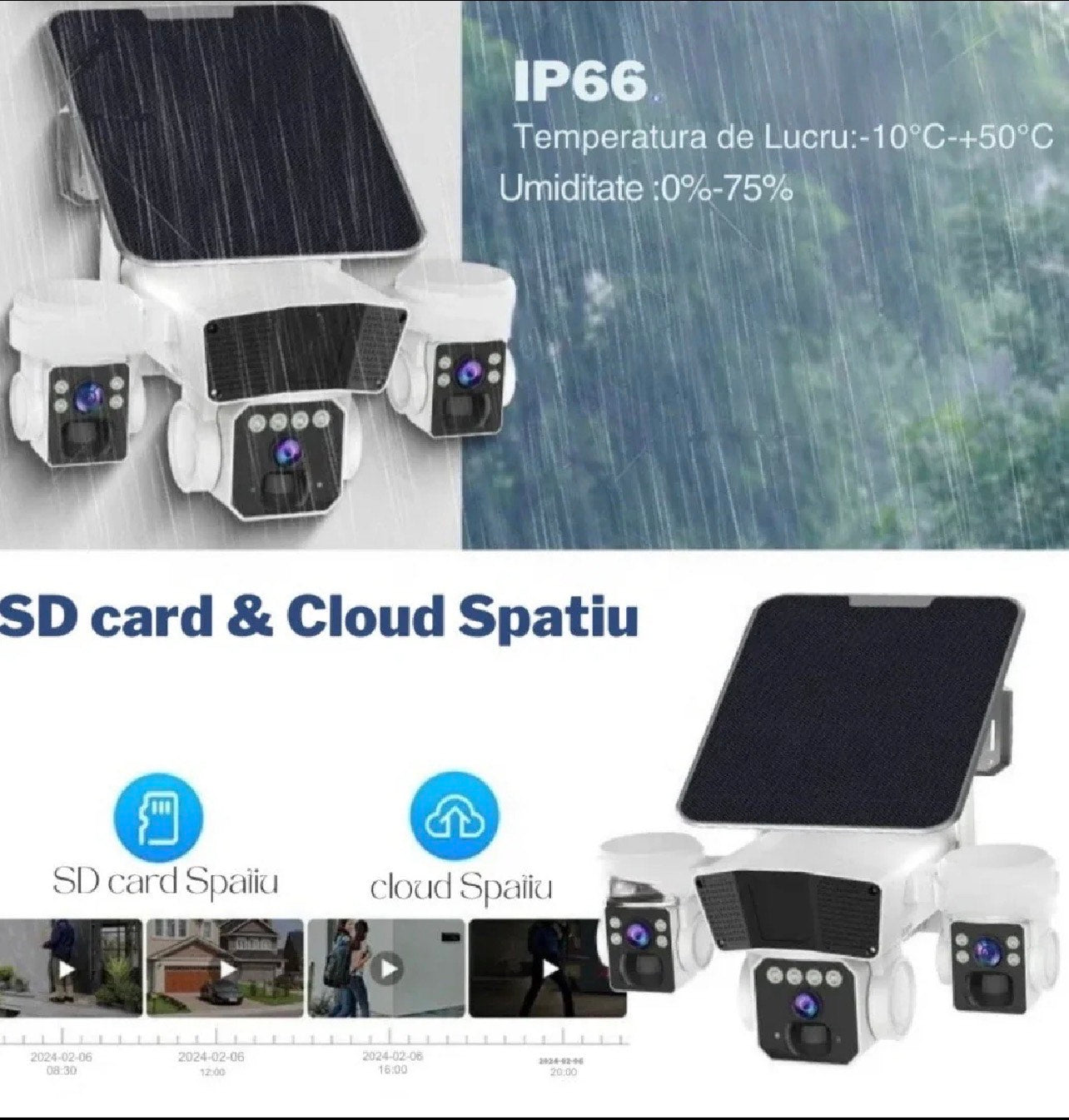 Camera de Supraveghere Solara 4G LTE cu 3 Lentile, 9MP, Acumulator Dublu, Detectie Miscare 360°, Viziune Nocturna Color, IP66